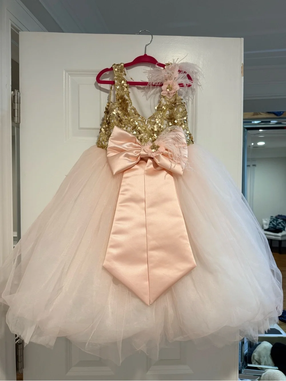 Tulleen Gold Sequin and feathers dress with pink tulle full skirt